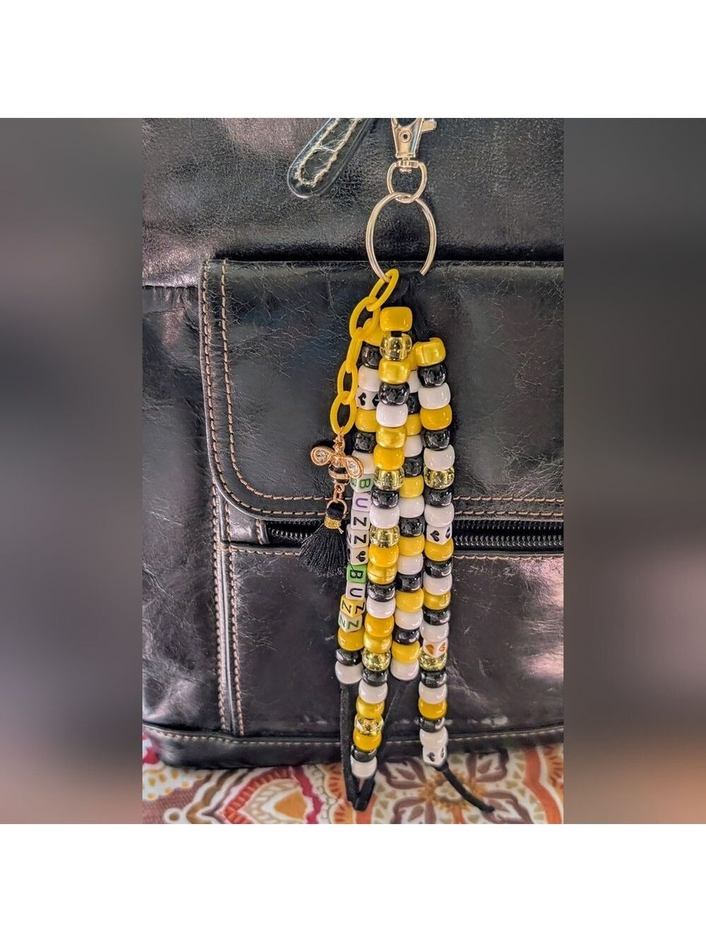 Yellow and Black Beaded Keychain Bag Charm with Bee Charm